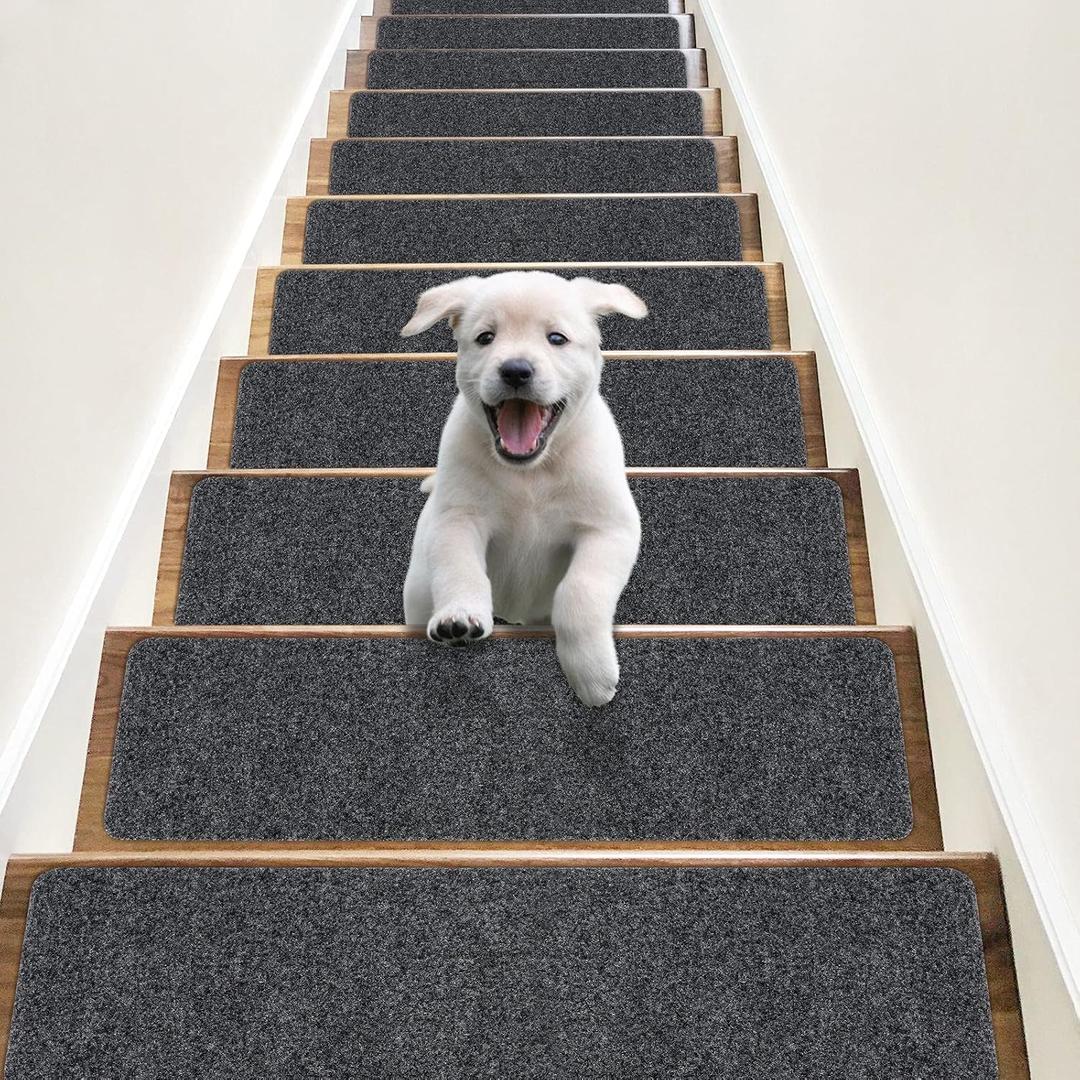 RIOLAND Non-Slip Stair Treads Carpet Indoor 14 Pack Stair Rugs for Wooden Steps Anti Moving Stair Runners Safety for Dogs Elders and Kids, 8 x 30, Dark Grey (Set of 14 Treads- 8x30 inches, Dark Gray)