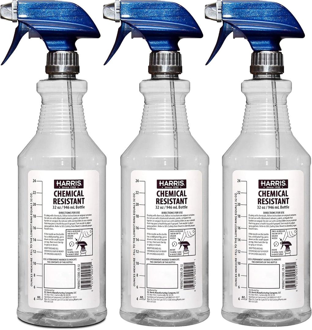 HARRIS Chemically Resistant Professional Empty Spray Bottles, 32oz (3-Pack), for Cleaning Solutions and Water