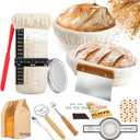 Sourdough Starter Kit - Banneton Proofing Basket 9 Inch Round & 10 Oval, Complete Sourdough Bread Baking Supplies with Starter Jar, Bread Sling, Lame, Danish Dough Whisk, Bags