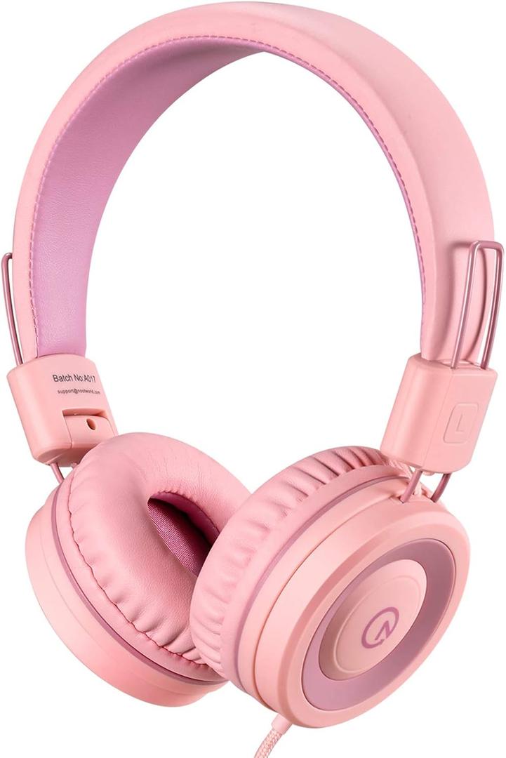 noot products Kids Headphones K11 Foldable Stereo Tangle-Free 5ft Long Cord 3.5mm Jack Plug in Wired On-Ear Headset for iPad/Girls/Boys/School/Laptop/Travel/Plane/Tablet-Soft Pink