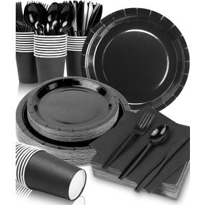 Lzerking Black Party Supplies Set 224 Pieces of Black Paper Plates, Cups, Napkins, and Heavy Duty Plastic Spoons Forks Knives for 32 Guests for Birthday, Graduation, Wedding, Festivals