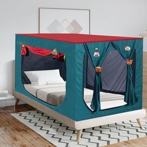 DOLEMODUO Kids Bed Tent, Play & Sleeping Privacy Twin Tent, Indoor Breathable Blackout Bed Canopy with Three Doors, Red and Green Christmas Tent 39"W x 47"L (Pack of 1)