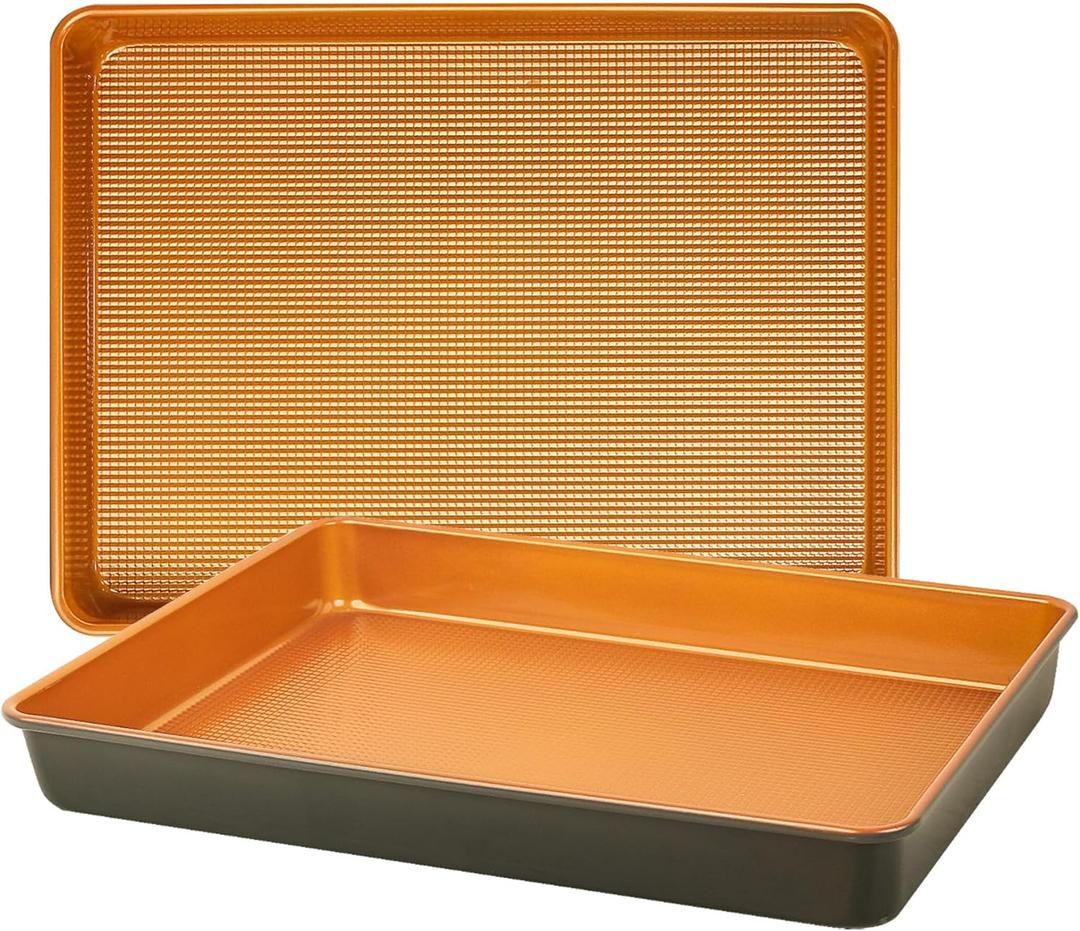 LUCYCAZ 2 Pack 15''x11''x2'' Deep Large Half Sheet Cake Pan Set, 1/2 Size Rectangle Copper Baking Pans Cookie Sheets Bakeware Toaster Oven Nonstick Set for Home Kitchen Muffin Bread Pan Heavy Duty
