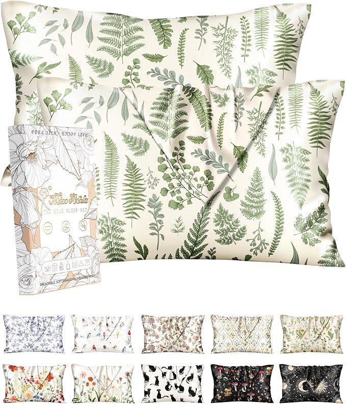 Miss Adola 2 Pack Silk Pillowcase  20x26 Inch Standard Size Silk Pillow Case with Hidden Zipper for Women Lady Smooth Soft Breathable Cute Design Pillowcase for Hair and Skin, Green Leaf