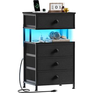 REAHOME Night Stand with Charging Station and LED Light, 4 Fabric Drawers Black Bedside Table with Open Shelf, Modern End Table with Wooden Top for Bedroom, Living Room, Hallway - Black Gery (11.8"D x 15.8"W x 27.6"H (4 Drawers))
