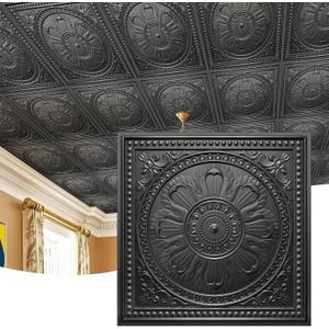 STICKGOO Drop Ceiling Tiles 24"x24", PVC Panels Plastic Ceiling Tiles Waterproof Reusable, Covers 48 Sq.Ft., Baroque Decorative Tiles for Home & Commercial Use (Pack of 12, Black)