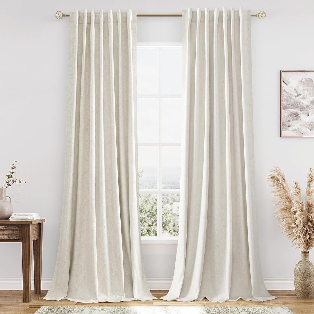 Cream Linen Blackout Curtains 102 Inch Length 2 Panels Set for Living Room Bedroom Back Tab Thermal Insulated 100% Black Out Linen Drapes Room Darkening Window Curtains 102 Inches Long Ivory Natural, 52"W x 102"L
