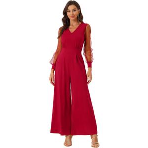 Allegra K Women's Elegant V Neck Mesh Long Sleeve Loose Wide Leg Romper Party Jumpsuits (Red, M)
