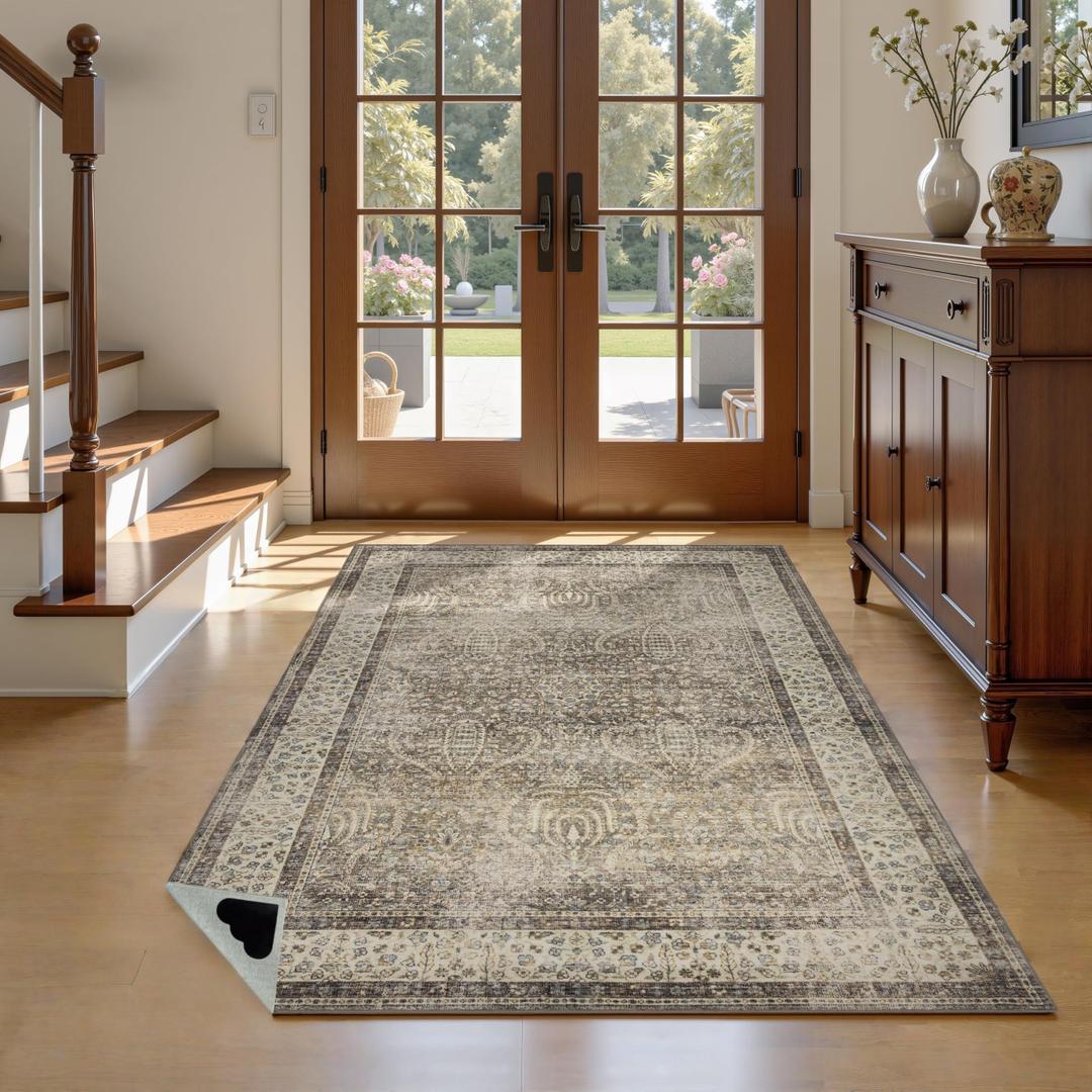 RCTJHOME 8x10 Brown Vintage Oriental Washable Area Rug Non-Slip Soft Carpet