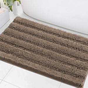 H.VERSAILTEX Bath Mats for Bathroom Non Slip Extra Thick Chenille Striped Bath Rug 24" x 36" Absorbent Non Skid Fluffy Soft Shaggy Rugs Washable Plush Mats for Indoor, Bath Room, Tub - Taupe Brown