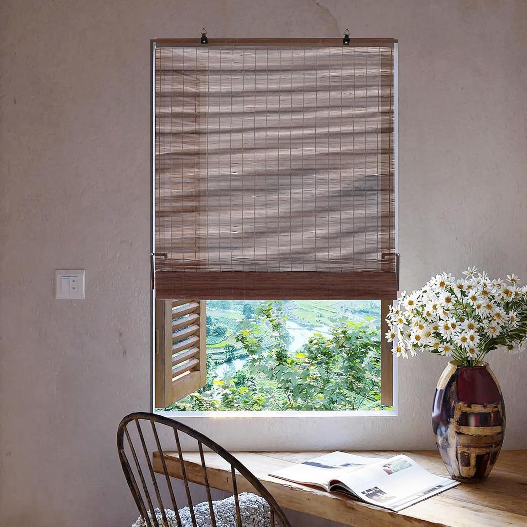 Bamboo Roller Blinds Cordless Bamboo Shades Roll Up Light Filtering Window Curtains for Interior Home Patio Porch Dark Brown 36''W X 72''H
