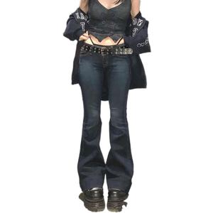 Indie Aesthetic Y2K Low Waist Pants 90s Low Rise Cargo Baggy Trousers Pockets Hippie Denim Bell Bottom Casual Outfits, Size: XS