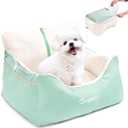 BurgeonNest Dog Car Seat for Small Dogs, Detachable and Washable Cat Carseats Under 25 lbs, Soft Pet Booster Seats with Storage Pockets and Clip-On Leash Portable Car Travel Carrier Bed, Beige Green