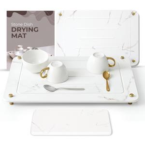 Stone Drying Mat for Kitchen Counter + Sink Caddy | 15.7"x11.8" Diatomaceous Earth Drying Mat with Stainless Steel Feet | Heat Resistant to 450F | Eco-Friendly & Multipurpose Drying Mat (White)