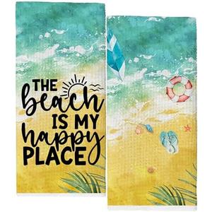 KGHYT Summer Beach Kitchen Towels,The Beach is My Happy Place Dish Towels for Home Farmhouse Kitchen Bathroom,16x24 Inches Set of 2.(038)