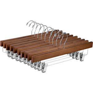 ZOBER Wooden Pants Hangers with Clips - 10 Pack Premium Wood Skirt Hangers for Women, Heavy Duty Wooden Hanger with Adjustable Metal Grip Clips for Jeans and Shorts, Smooth Finish, Vintage Wood