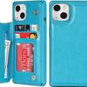 iCoverCase Compatible with iPhone 13 Wallet Phone Case with Card Holder for Women, RFID Blocking Embossed PU Leather Wrist Strap Case 6.1 Inch (Macaron Blue)