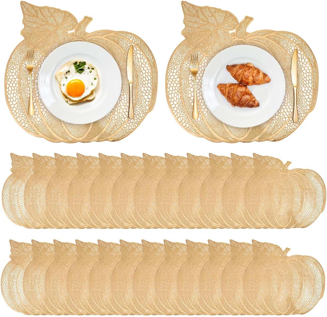 Sliner 24 Pack Thanksgiving Pumpkin Placemats 17 x 16 Inch Vinyl Metallic Pressed Fall Autumn Table Mat Decorations Farmhouse Harvest Pumpkins Round Placemats for Party Kitchen Dinning (Gold)