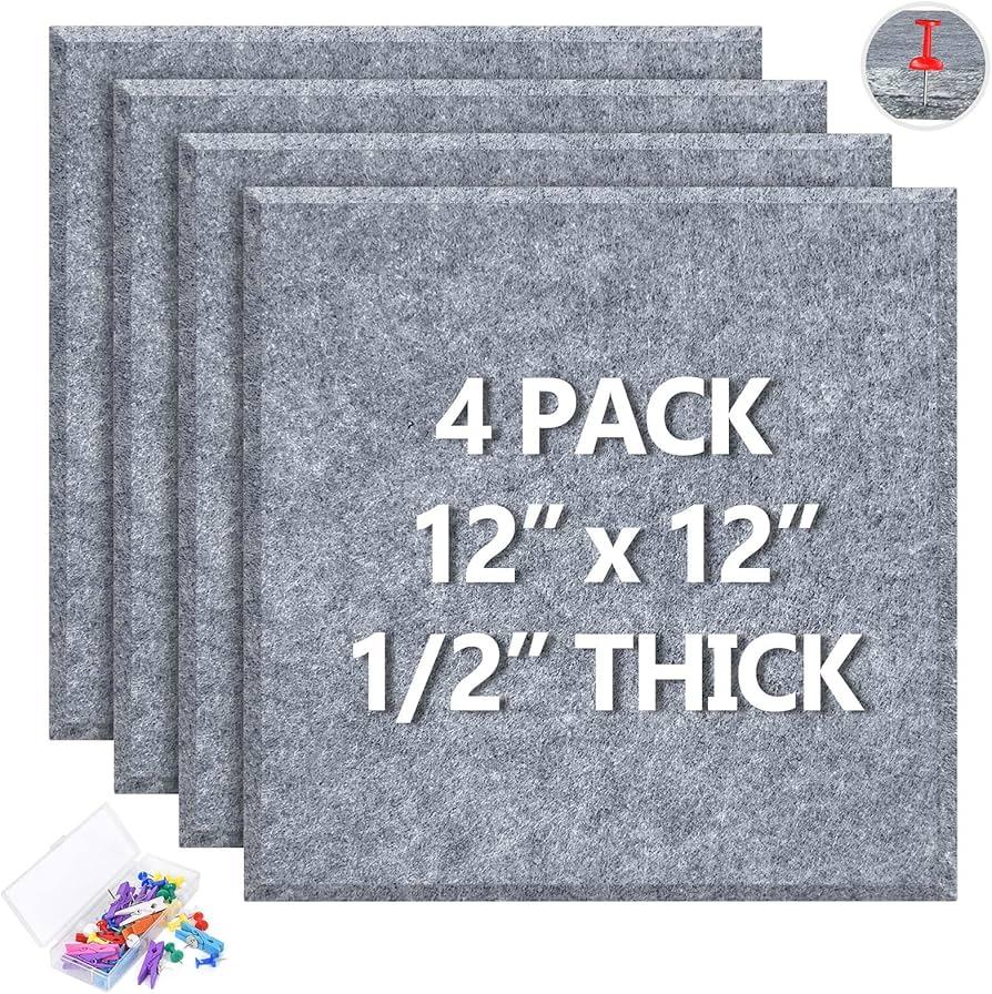 4 Pack Cork Board Tiles 12x12 Inches, 1/2" Thick Felt Cork Squares Bulletin Board Pin Board, Adhesive Cork Board for for Wall for Home, Office, and Kitchen (Gray)