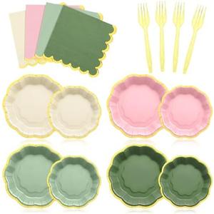FoldTier 96 Pcs Pink Sage Green Gold Disposable Party Plate Set for 24/48 Guests 9" & 7" Scalloped Paper Plate Cocktail Napkin Plastic Forks for Birthday Farmhouse Wedding Baby Shower Tea Party