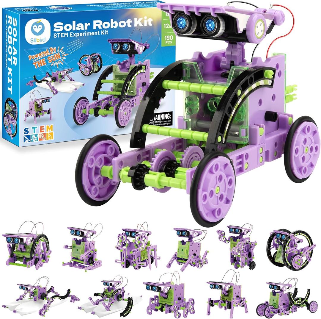 Sillbird Solar Building Robot Kit STEM Gift for Boys Aged 8-14, 12-in-1 DIY Science Educational Toys for Kids Birthday, Solar Powered Robotic Set with 190 Pieces (Purple-green)