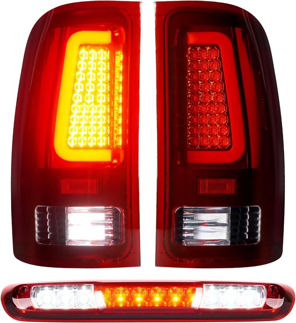 LED Tail Lights Assembly + 3rd Third Brake Cargo Lamp Fit for GMC Sierra 1500 07-13 (SL, SLE, SLT, WT), 2500HD 3500HD 07-14 (only fit 3500HD with Single Rear Wheel Model), Chrome Housing Red Lens