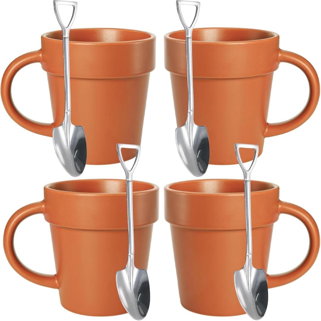 Covzoe 4 Pack Gardening Mugs, 12 Oz Plant Pot Mug With 4 Shovel Spoons, Novelty Ceramic Coffee Mug Gift for Gardeners, Plant Lovers, Men, Women, Christmas, Birthday
