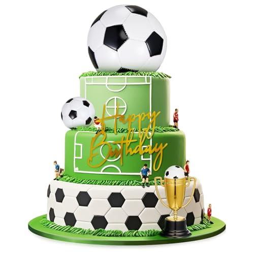 VioraWhite Large Soccer Ball Cake Toppers 7 pcs Include 4 Balls of Different Sizes 2 Trophies and 1 Happy Birthday Sign for Cake Decoration Sport Theme Party Ceremony