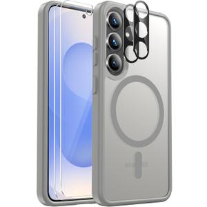 for Samsung Galaxy S25 Case Magnetic Shockproof, [Fit for MagSafe] [Glass Screen Protector + Camera Lens Protector] Translucent Anti-Fingerprint Case for Samsung Galaxy S25 6.2" (Gray)