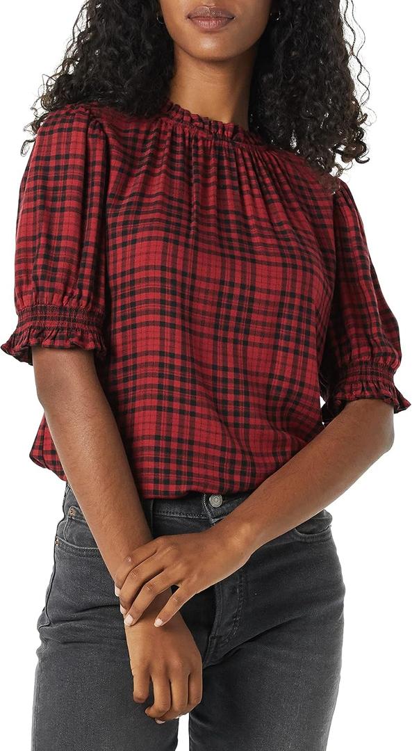 8 x Amazon Essentials Women's Fluid Twill Short Puff Sleeve Ruffle Smocked Shirt
