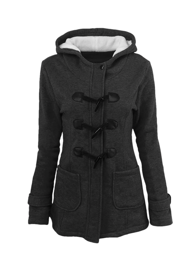 Women's Warm Coat Horn Button Slim Coat Fleece Hooded Coat Thickened Pocket Coat
 XL