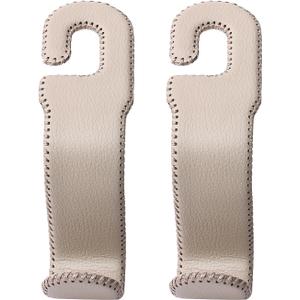 Leather Car Hooks for Headrest - Fully Leather-Wrapped U-Shaped Purse Holder for Car, Flexible Seat Back Organizer & Durable Car Accessories for Purses, Bags, Coats & More (Beige, 2 Pack)