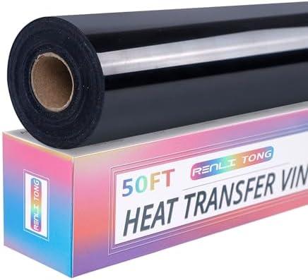 RENLITONG Black Iron on Vinyl 12Inch by 50ft Roll HTV Heat Transfer Vinyl for T-Shirt HTV Rolls for All Cutter Machine - Easy to Cut & Weed for Heat Transfer Design