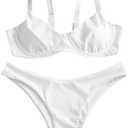 ZAFUL Women's Ribbed Underwire Bikini Set High Cut Colorblock V Notch Swimwear Printed High Leg Swimsuit S White