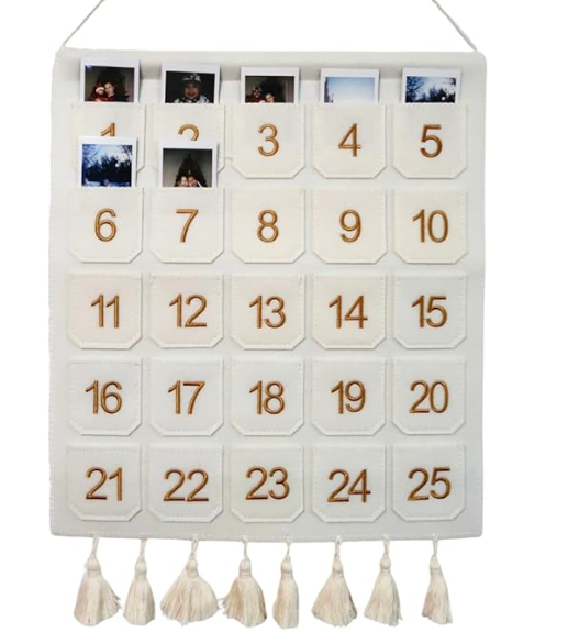 Photo Advent Calendar with Pockets, Christmas Calendar Countdown, Embroider Numbers Felt Photo Advent Calendar w/ 25 Small Pockets, Advent Calendars for Holiday Tradition (Gold)