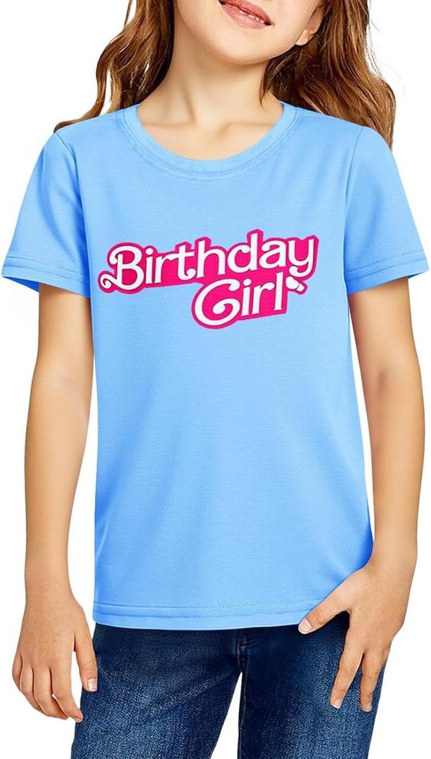 Haloumoning Birthday Girl Shirt Kids Short Sleeve Crewneck T-Shirts Tees Birthday Outfit 5-14 Years (Blue)