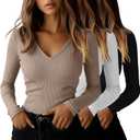 Ficerd 3 Pack Women's Long Sleeve T Shirts Cotton V Neck Slim Fit Tops Ribbed Knit Layering Casual Basic Tees Fall (Large, Black, White, Khaki)