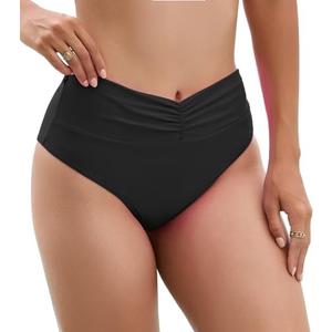 YELAIVP Women's High Waisted Bikini Bottoms Shirred V Cut Swimsuit Bathing Suit Bottom, Large