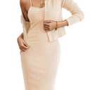 Sovoyontee Women Fall Knit Sweater Dress Set Bodycon Midi Dresses Long Sleeve Cropped Cardigan 2 Piece Outfits Beige M