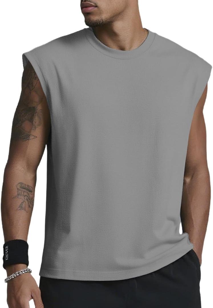 Mens Gym Tank Tops Sleeveless Shirts Cut Off Quick Dry Muscle Shirt Running Beach Loose Fit Tee (Gray, L)