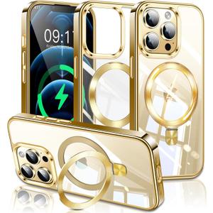 ESTPEAK Titanium Gold CD Mag-Stand Case for iPhone 12 Pro Max Case with Invisible Magnetic Ring, [Fit for MagSafe] [Never Yellowing] Top Clear Phone Case Cover for iPhone 12 Promax 6.7"