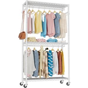 Clothes Rack, Clothing Rack for Hanging Clothes, 3 Tiers Adjustable Heavy Duty Closet Organizer with Wheels | Double Rods | Side Hooks | Load 445lbs | 35.43" L x 15.7" W x 78.34" H | White