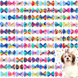 Tondiamo 100 Pack Tie Dye Dog Hair Bows for Dogs Spring Dog Hair Bows with Rubber Bands Puppy Rhinestone Grooming Dog Hair Accessories for Small Girl Dogs