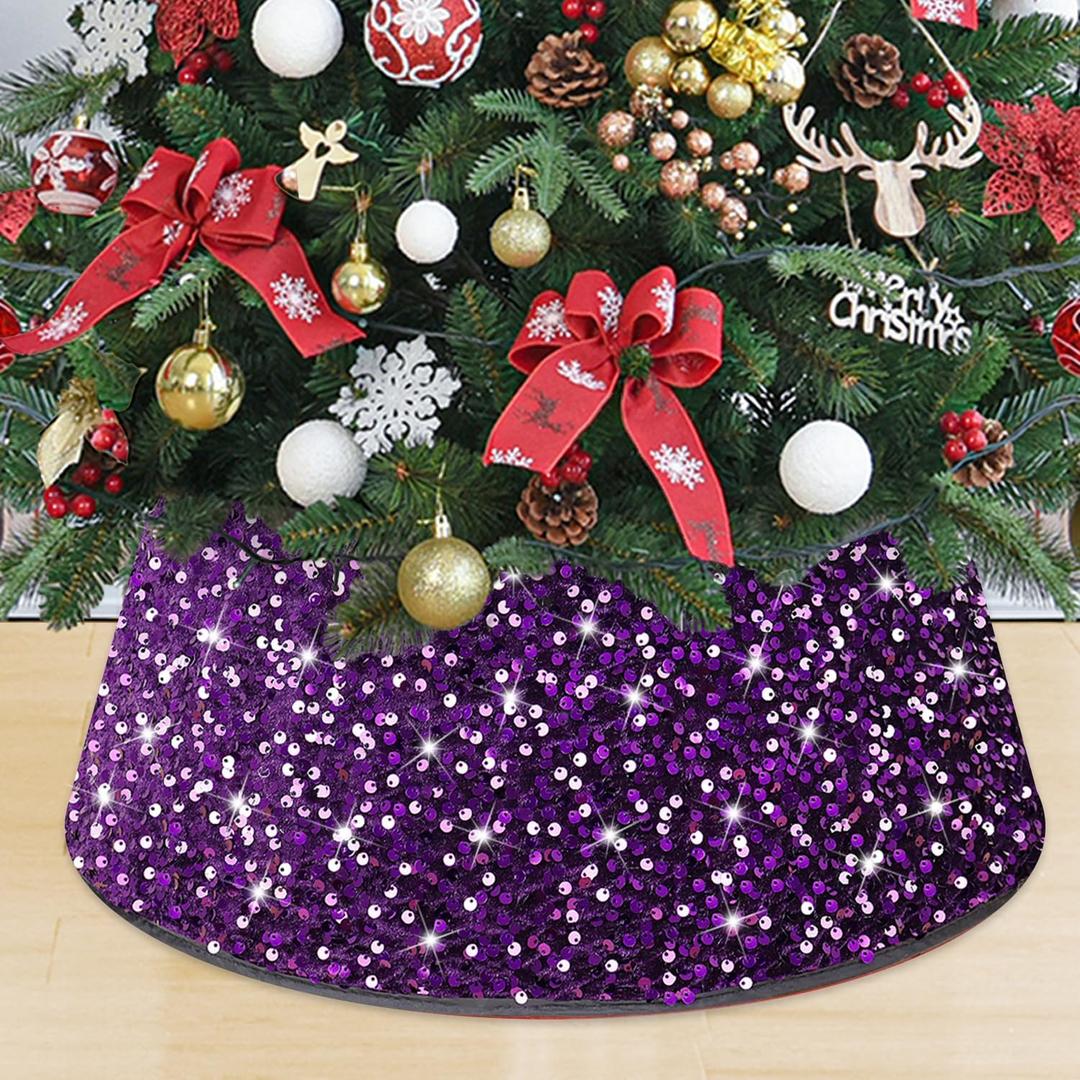 MODFUNS Christmas Tree Collars Purple Sequin Xmas Tree Ring 24 Inch Velvet Sparkling Christmas Tree Base Glitter Tree Skirts for Xmas Trees Shiny Tree Collar Cover for Party Home Decoration