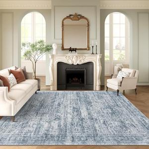 9x12 Area Rugs for Living Room, Non Slip Machine Washable Vintage Rugs, Low Pile Lightweight Large Rug for Bedroom, Dining Room, Home Office Blue