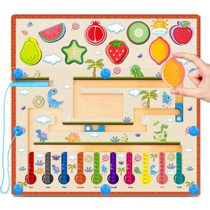 Montessori Magnetic Color and Number Maze Toys Wooden Shape Sorter Game for Toddler Magnet Balls Puzzle Board Educational Sensory Learning Toy for 3+ Years Old Kids