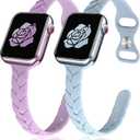 JR.DM 2 Pack Engraved Silicone-Bands Compatible with Apple Watch Band 38mm 40mm 41mm 42mm 44mm 45mm 46mm 49mm, Slim Feminine Fashion Leaf Waterproof Strap,For iWatch Series 10 9 8 7 6 5 4 3 2 1 Women (41/40/38/42mm(Series 10), A 2Pcs Lavender/Fog Blue)