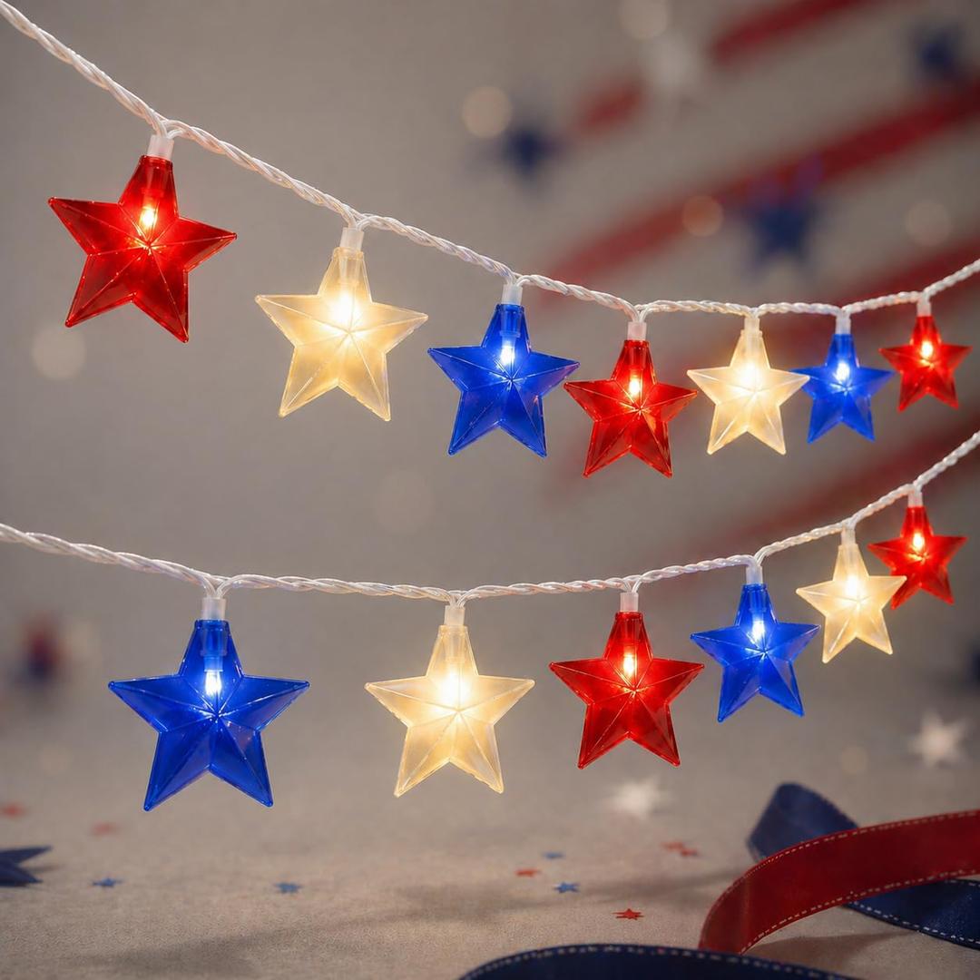 4th of July Patriotic Plug-in Star String Lights, Red White & Blue, 8.5ft (2.6m) 10 LED Waterproof Connectable Fairy Lights for Independence Day, Memorial Day, Presidents Day Decor