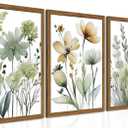 Wood Framed Sage Green Botanical Wall Art Set of 3, Boho Floral Canvas Wall Decor Paintings, Minimalist Flower Posters Prints Pictures for Bedroom Bathroom Living Room Home Decor 12x16 Inch