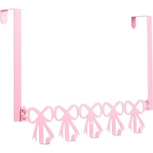 AceOrbit Pink Bow Over The Door Hooks Hanger Wall Mount Towel Hanger Door Holder Organizer 5 Hooks Kawaii Farmhouse Rustic Coquettish Style Decor for Bedroom Bathroom Towel Hat Clothes